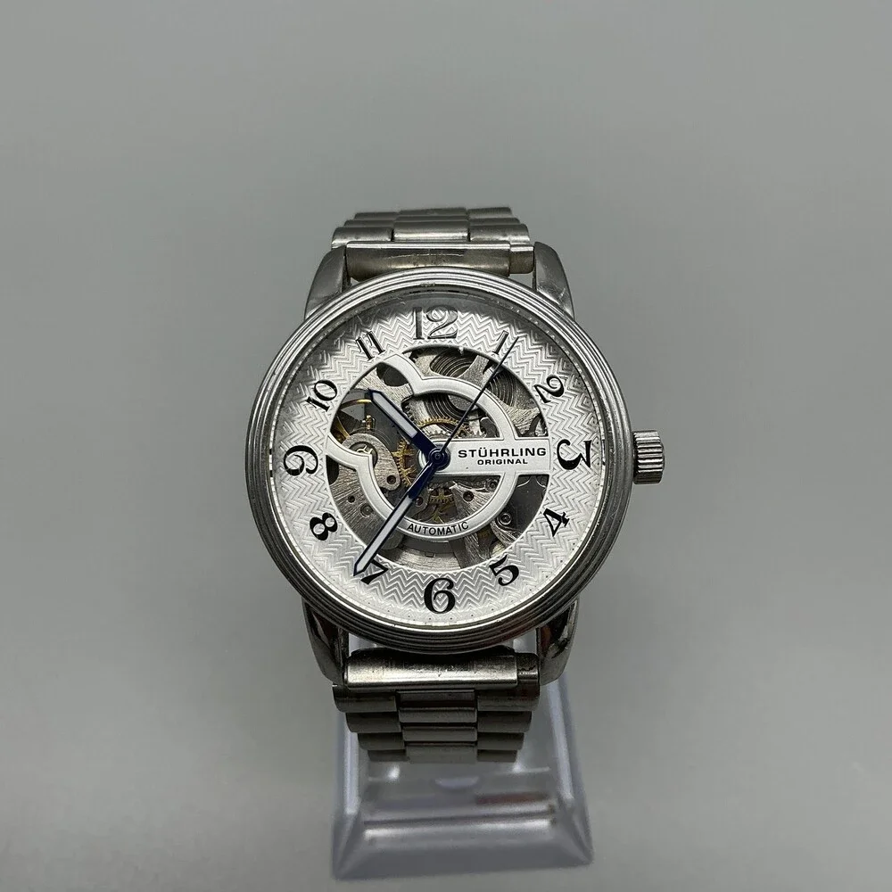 Stuhrling Delphi Mens Watch 35mm Silver Skeleton Dial Stainless Automatic 6.5